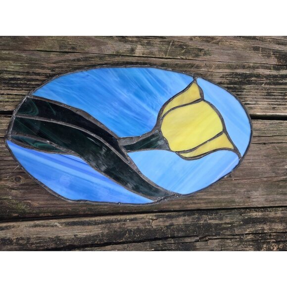 Leaded Floral Stained Glass Yellow Tulip Sun Catcher Flower 7.5" X 14" Hand Made - Picture 9 of 13